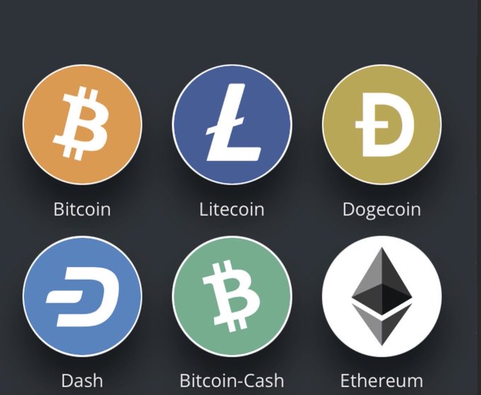 Six cryptocurrency logos displayed on a dark background, including Bitcoin (orange), Litecoin (blue), Dogecoin (gold), Dash (blue), Bitcoin-Cash (green), and Ethereum (white with diamond logo).