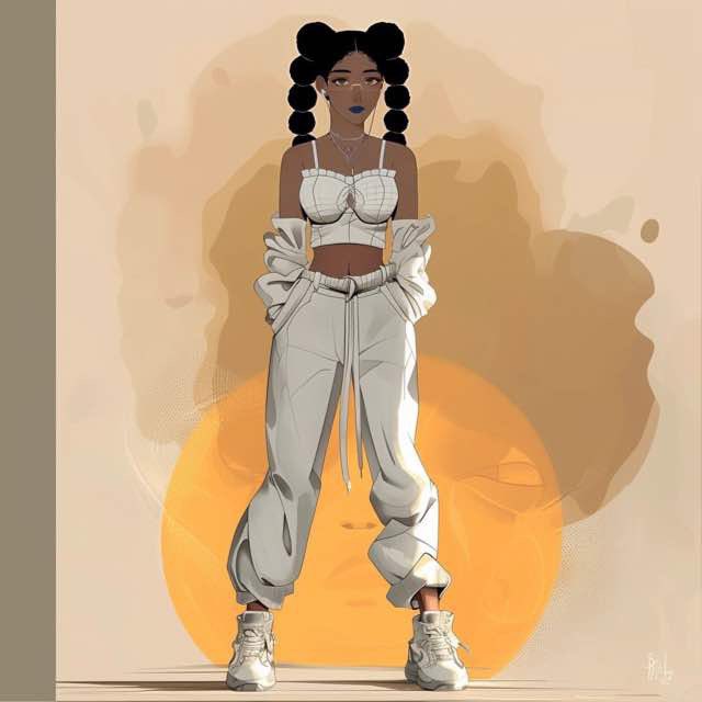 A stylized digital illustration features a confident young woman with dark skin and black hair styled in two bubble braids, wearing an all-white outfit consisting of a cropped bustier, oversized unzipped hoodie, baggy joggers, and chunky sneakers, posed against a warm sunset-orange circular backdrop. The image complements the "GOOD MORNING family" greeting by evoking a fresh, fashionable, and uplifting start-of-day vibe with its bright, sunny aesthetic.