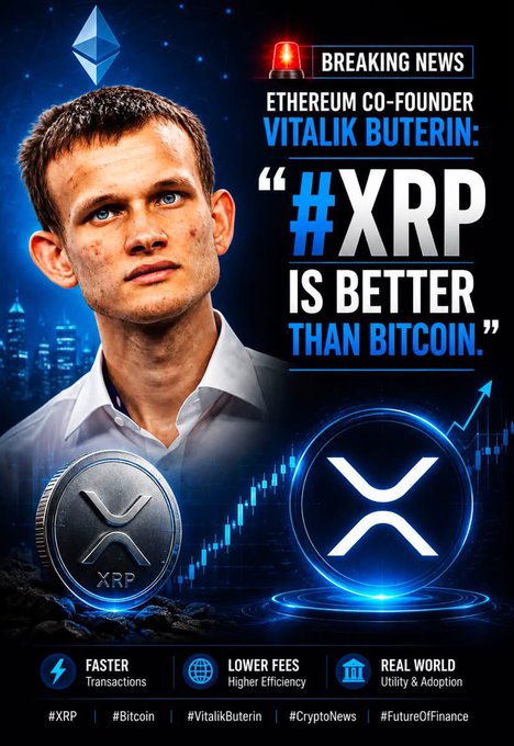 Crypto promotional image claiming 'ETHEREUM CO-FOUNDER VITALIK BUTERIN: #XRP IS BETTER THAN BITCOIN,' showing Vitalik Buterin alongside XRP and Ethereum logos, with hashtags including #XRP, #Bitcoin, and #VitalikButerin.