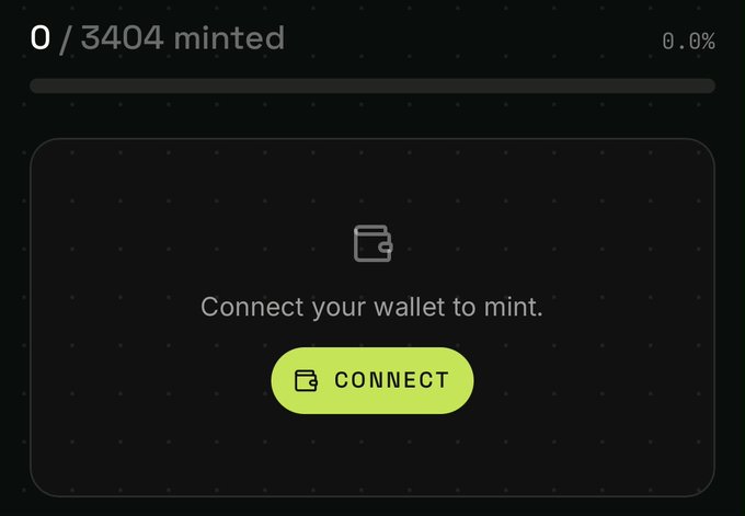 A dark-themed mint interface shows "0 / 3404 minted" with a progress bar at "0.0%" and a prompt to "Connect your wallet to mint" via a green "CONNECT" button. The interface corresponds to the upcoming GLRTCH mint, inviting users to connect their wallets and claim one of the 3,404 Subgrid items before community allocations close.