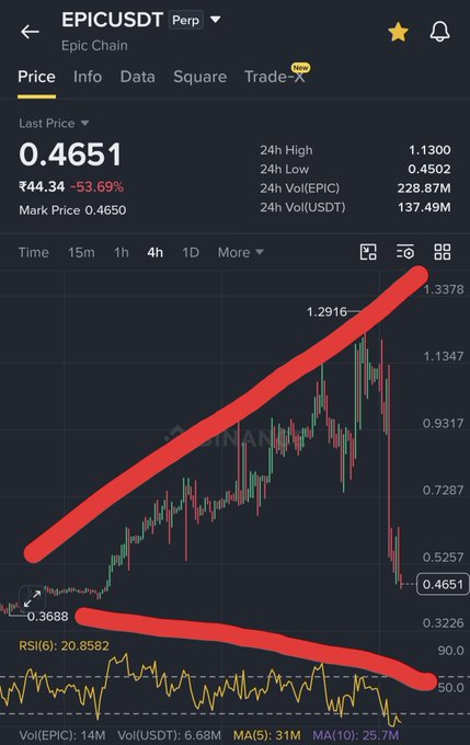 The image shows a Binance perpetual futures chart for $EPIC/USDT on Epic Chain, with the price crashing 53.69% from a 24h high of 1.1300 down to 0.4651, where a red arrow traces the steep pump-and-dump pattern ending in the sharp liquidation cascade — visually reinforcing the post's "Pump → Dump → Liquidations" cycle described as brutal for some and lucrative for others.