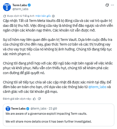 A screenshot of a Vietnamese tweet from Term Labs (@term_labs) announcing that governance-level exploit has impacted Term vaults, stating that Term Meta Vaults have been affected but the underlying Term coin, lending, and borrowing markets remain unaffected, with withdrawals still open.