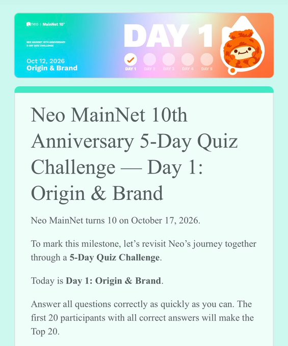 A promotional graphic for the 'Neo MainNet 10th Anniversary 5-Day Quiz Challenge — Day 1: Origin & Brand', indicating Neo MainNet turns 10 on October 17, 2026.
