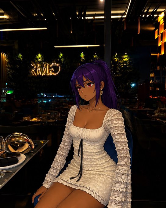 Anime-style character with purple hair in a white lace dress sitting at a dimly lit restaurant table.
