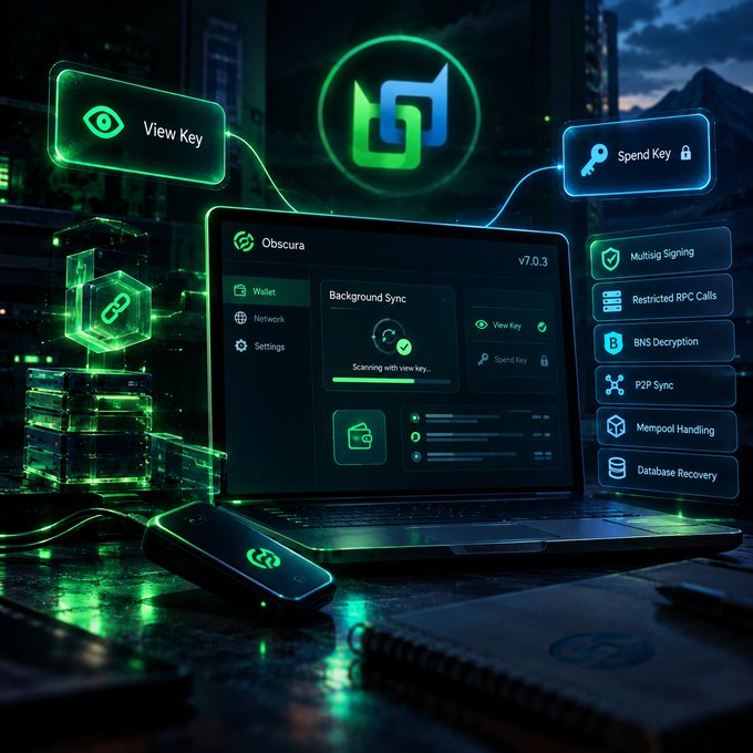 A futuristic digital rendering of a laptop displaying the 'Obscura' cryptocurrency wallet interface (v7.0.3) with floating UI elements for View Key, Spend Key, Multisig Signing, and BNS Decryption.