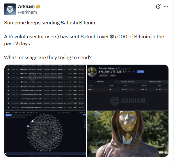 An Arkham Intelligence post showing screenshots of transaction records where a Revolut user has repeatedly sent small amounts of Bitcoin to an address belonging to Satoshi Nakamoto, whose portfolio holds approximately $71.9 billion across 21,900 addresses.