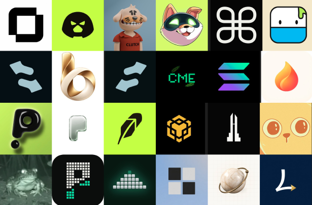 A grid collage of various app icons and brand logos in different colors and styles, including recognizable symbols, animal mascots, and abstract designs.