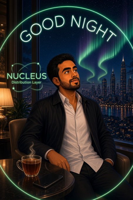 An illustrated portrait shows a bearded man in a black jacket sitting by a window with a city skyline at night, with a cup of tea on the table and a glowing 'GOOD NIGHT' sign alongside the 'NUCLEUS Distribution Layer' logo.