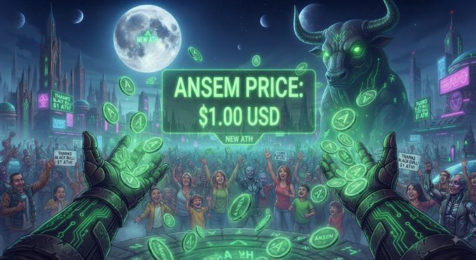 A digital illustration depicts two glowing green hands tossing coins in front of a cheering crowd, with a prominent billboard reading "ANSEM PRICE: $1.00 USD" and "NEW ATH" against a futuristic city backdrop with a bull.
