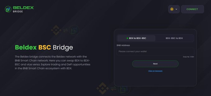 A screenshot of the 'Beldex BSC Bridge' website interface, allowing users to swap BDX between BNB Smart Chain and the Beldex network, with options for 'BDX to BDX-BSC' and 'BDX-BSC to BDX'.