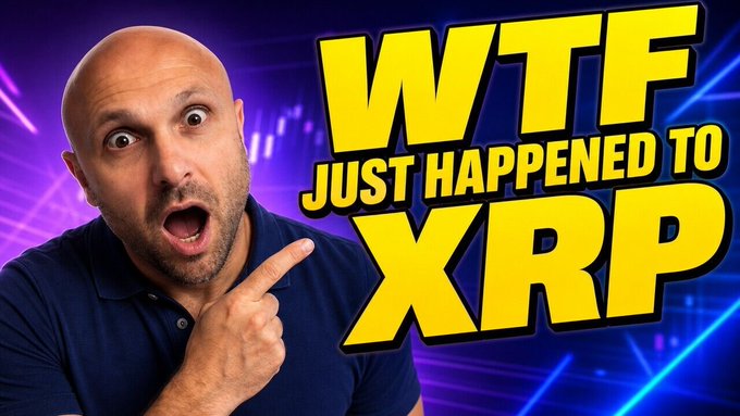 A shocked-looking bald man points at bold yellow text reading "WTF JUST HAPPENED TO XRP," serving as an attention-grabbing thumbnail for a YouTube video analyzing comprehensive XRP market data including Upbit volume, government disclosures, and ETF flows.