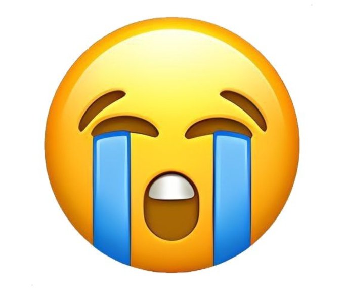 A yellow emoji face with raised eyebrows, wide open mouth, and large blue tears streaming down in a dramatic crying expression.