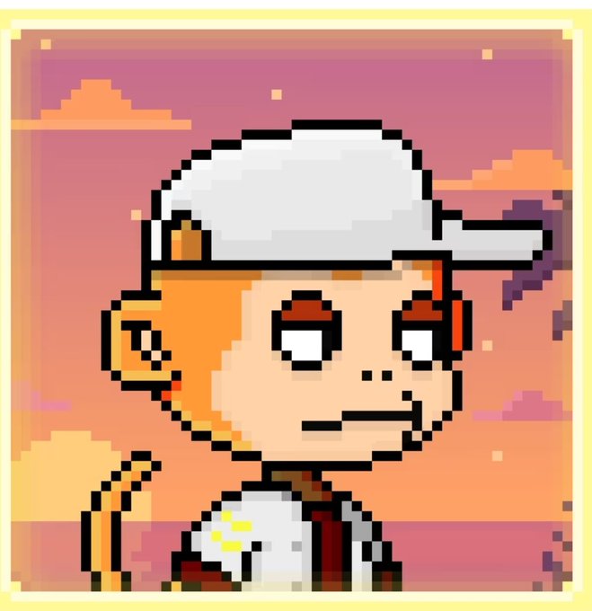Pixel art portrait of a stern-looking character wearing a backwards white cap, with orange hair and a serious expression against a sunset background.