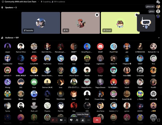 Screenshot of a Discord community AMA voice channel with the Axis Core Team, showing 3 speakers (bazoooka, PL, Christ) and 109 audience members in a grid of avatars.