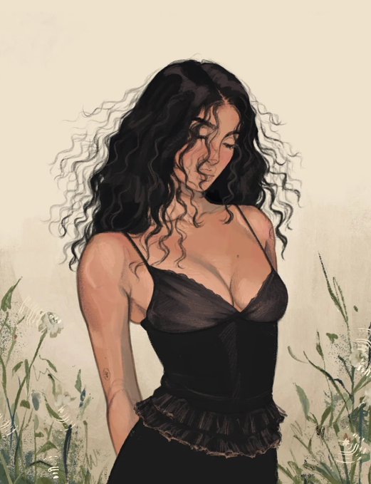 An illustration of a woman with long curly black hair wearing a black lace-trimmed camisole, standing among tall grass and wildflowers.