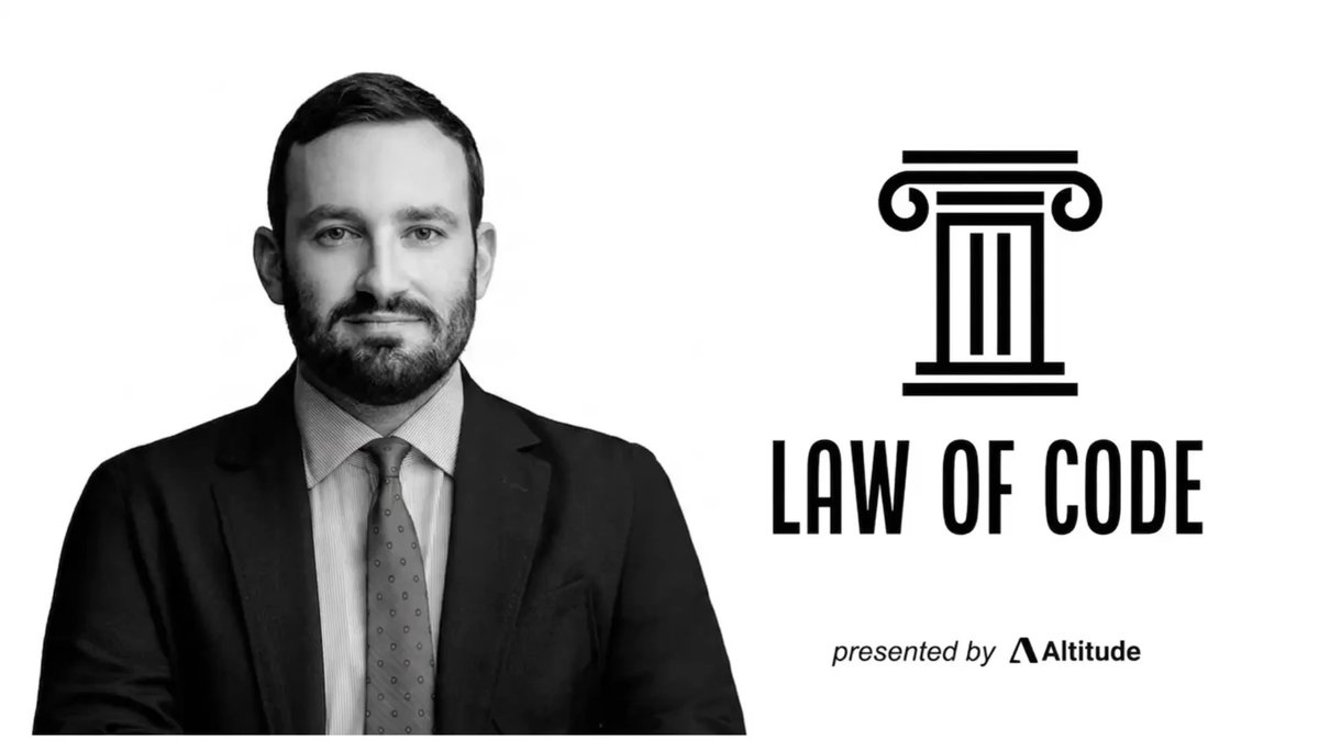 A black-and-white photo of a bearded man in a suit and tie appears alongside the "Law of Code" podcast logo, presented by Altitude, branding the episode where he discusses the three current holdups on the CLARITY Act.