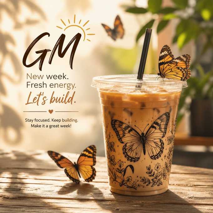 An iced coffee cup adorned with intricate butterfly and floral designs sits on a wooden surface alongside orange monarch butterflies, accompanied by the text "GM — New week. Fresh energy. Let's build. Stay focused. Keep building. Make it a great week!"

The image's "GM" (Good Morning) greeting and motivational "Let's build" message align with the post's theme of pursuing an ambitious quantum computing goal, framing the journey toward accessible quantum technology with the same fresh-start energy as a new week.