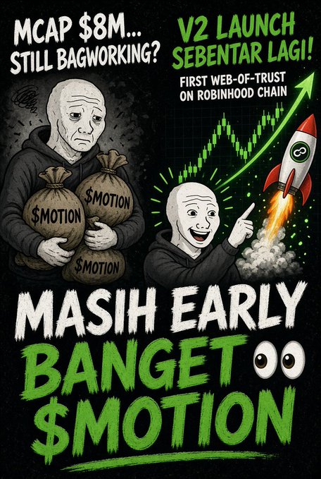 A meme-style graphic featuring the 'Doomer' and 'Wojak' characters with text promoting '$MOTION' cryptocurrency, including phrases like 'MASIH EARLY', 'BANGET $MOTION', and 'V2 LAUNCH SEBENTAR LAGI!'.