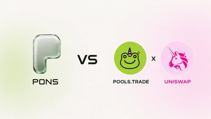 The image presents a "PONS vs POOLS.TRADE x UNISWAP" graphic, depicting a crypto rivalry where Uniswap's launch of pools.trade is positioned as a competitor to the $PONS token. The visual ties directly to the post's sentiment, framing Uniswap's similar product offering as a direct challenge that strengthens, rather than weakens, support for PONS.