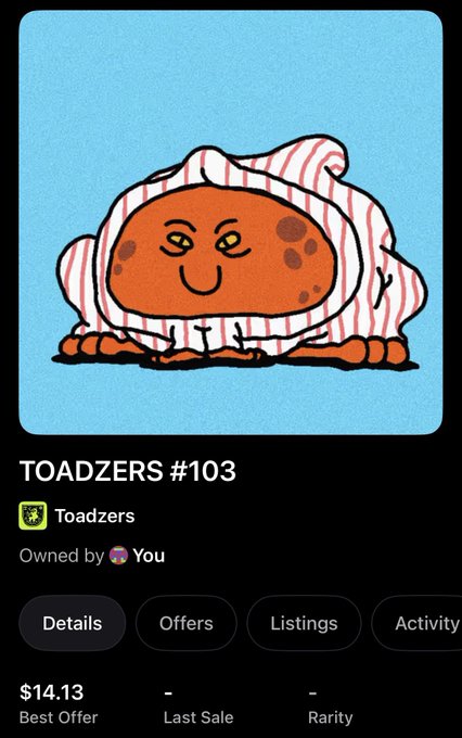 A NFT listing for 'TOADZERS #103' showing an illustration of a toad in a red and white striped hoodie, priced at $14.13.