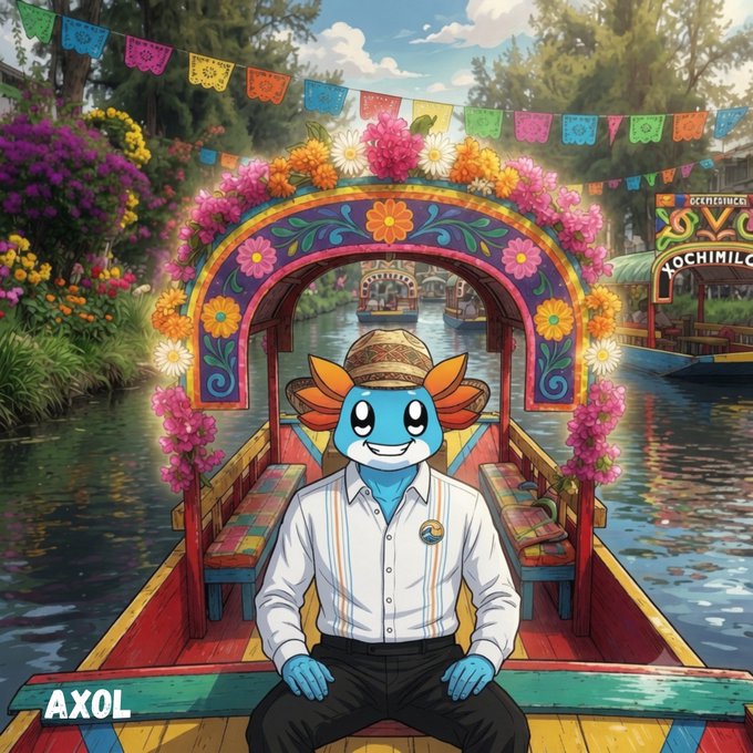 The image features an animated character wearing a hat with a smiley face sitting inside a boat on a river, surrounded by colorful flowers. The text "Hola, mi AXOL Familia Today is a good day let's make it count axolcoin" is present in the image, which suggests that the character might be promoting a product or service related to the post.
