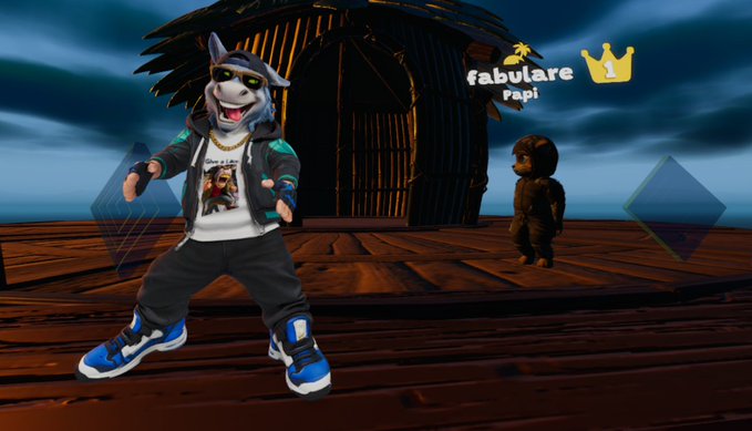 A 3D animated scene featuring a wolf-like character wearing a jacket, cap, and sneakers posing on a wooden platform, with 'fabulare rapì' text and a crown icon in the background.