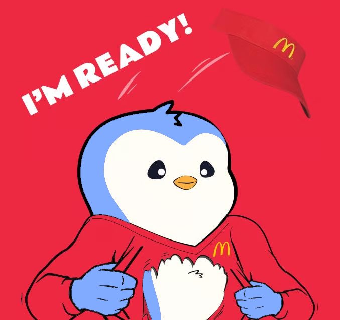Cartoon penguin in a red McDonald's uniform with the text "I'M READY!" as it tosses a red McDonald's visor in the air against a red background.