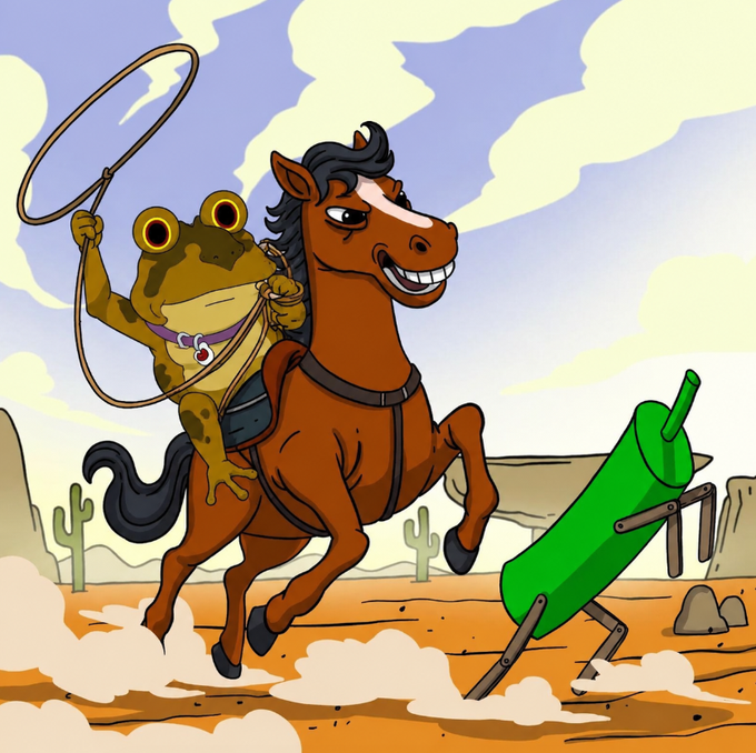 A cartoon illustration of a frog wearing a purple bandana, lassoing while riding a galloping brown horse in a desert, chasing a green jalapeño character on mechanical legs.