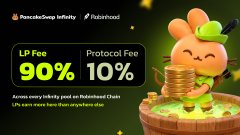 A cartoon bunny mascot sits atop a stack of golden coins beside a graphic comparing LP Fee (90%) and Protocol Fee (10%), visually reinforcing the post's claim that PancakeSwap Infinity LPs on Robinhood Chain keep 90% of fees earned.