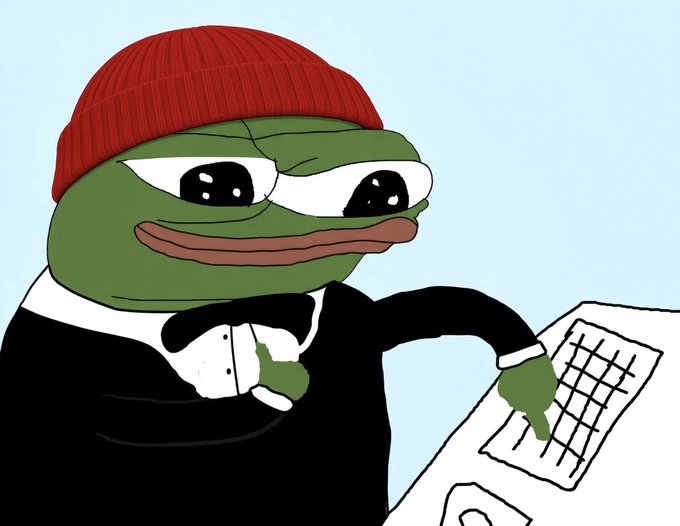 A Pepe the Frog character wearing a red beanie and a black suit, pointing at a grid drawn on a piece of paper.