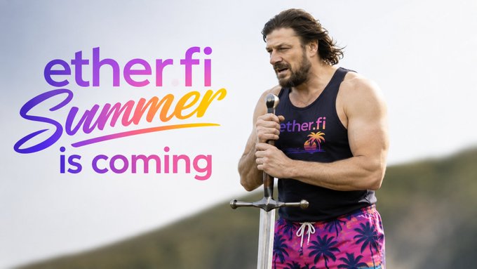 A muscular man with long hair holds a sword while wearing a black "ether.fi" tank top and tropical-print shorts, paired with bold text reading "ether.fi Summer is coming." The warrior imagery and summer-themed promotion tie into the call for an ether.fi Summer analyst call on July 30th, evoking anticipation and strength as the event approaches.