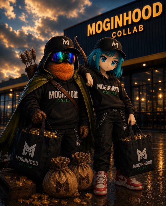 Two stylized characters—an orange-bearded figure with a bow and an anime-style girl with teal hair—wear 'MOGINHOOD COLLAB' branded hoodies and hats, holding branded bags and sacks of gold coins in front of a storefront.