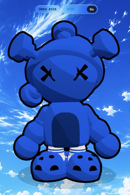 A blue cartoon bear character with X's for eyes, wearing blue Crocs with white socks, standing against a bright blue sky with clouds, with "ONEN #335 #335 Go" displayed at the top.