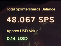 A digital display showing 'Total Splintershards Balance' of '48.067 SPS' with an 'Approx USD Value' of '0.14 USD'.