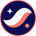 A circular logo featuring a stylized white swoosh design with a star on a dark blue background.