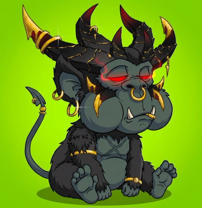 A cartoon illustration of a cute baby gorilla demon character with black fur, dark horns, gold rings, red glowing eyes, and a devil's tail, sitting against a bright green background.