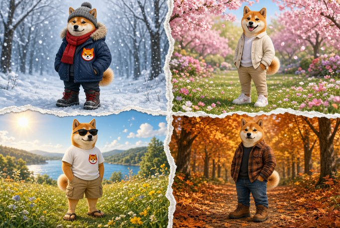 Four images depict a Shiba Inu dog dressed in seasonal clothing, featuring a winter coat, a spring jacket, sunglasses by a lake, and an autumn plaid shirt.