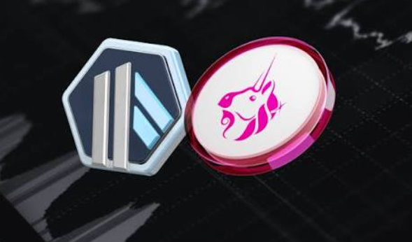 The image features the Uniswap (UNI) logo, a hexagonal symbol with three vertical bars in light blue and white, alongside the Uniswap unicorn mascot displayed in pink and white on a circular coin-like emblem. The accompanying caption notes that the smart strategy for riding the memecoin trend isn't gambling on individual tokens, but investing in the platforms—like Uniswap—that collect the most fees from the trading frenzy.