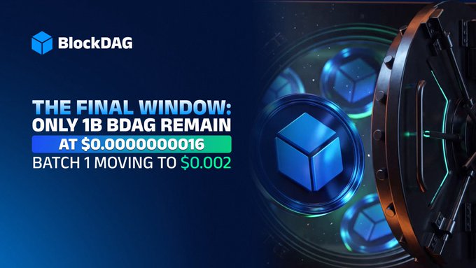 A promotional graphic for BlockDAG cryptocurrency announcing 'THE FINAL WINDOW: ONLY 1B BDAG REMAIN AT $0.0000000016' and 'BATCH 1 MOVING TO $0.002' with blue cube graphics.