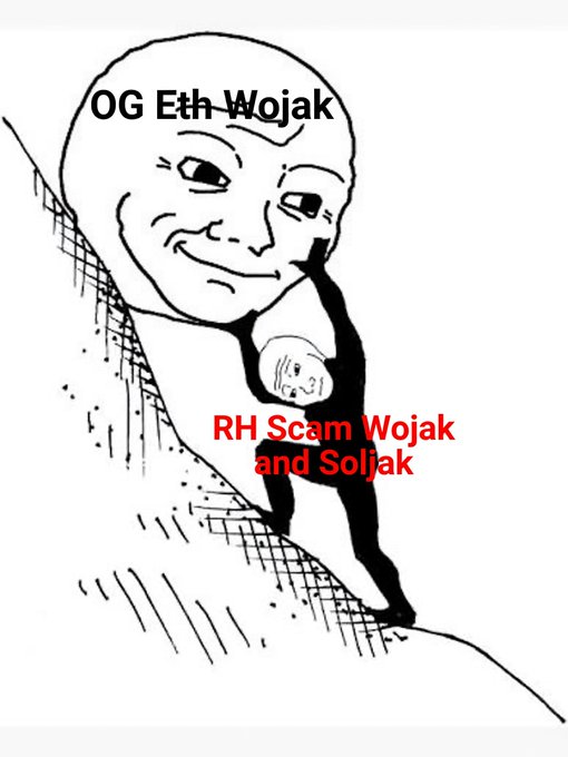 A wojak meme drawing depicting 'OG Eth Wojak' as a large smug figure looming over a smaller, sad-looking 'RH Scam Wojak and Soljak' clinging to his side, representing the crypto community's view of Ethereum holders versus Robinhood/Solana users.