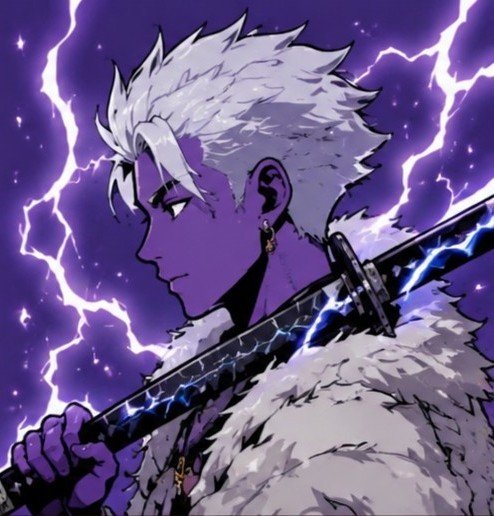 The image depicts an anime-style character with wild silver hair, shown in profile against a dramatic purple background crackling with lightning, gripping a katana with blue electrical energy running along its blade.

The post discusses prediction markets, DeFi, and community-driven crypto concepts, which loosely parallels the image's themes of power and energy, but there is no direct visual connection between the warrior illustration and the cryptocurrency-related text.