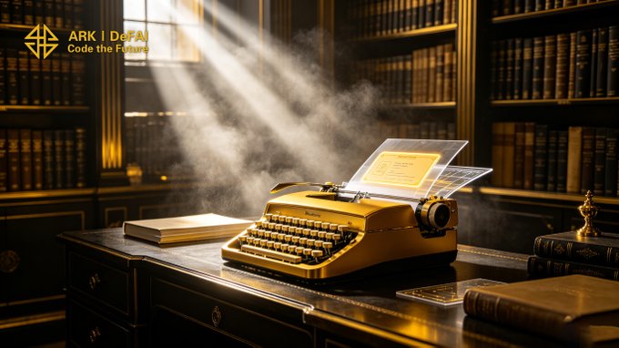 A vintage golden typewriter sits on a polished desk in a classic library, with dust motes dancing in a beam of sunlight streaming through the window, while the "ARK | DeFAI: Code the Future" logo appears in the top-left corner. The scene visually embodies the post's message about transforming raw ideas into refined content—mirroring how the Arkie AI App helps ARK users shape thoughts into structured, executable Web3 communication.
