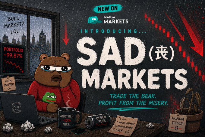 A cartoon illustration advertising 'MAIGA MARKETS' new 'SAD (丧) MARKETS' service with the tagline 'TRADE THE BEAR. PROFIT FROM THE MISERY,' featuring a sad bear character with declining portfolio indicators.