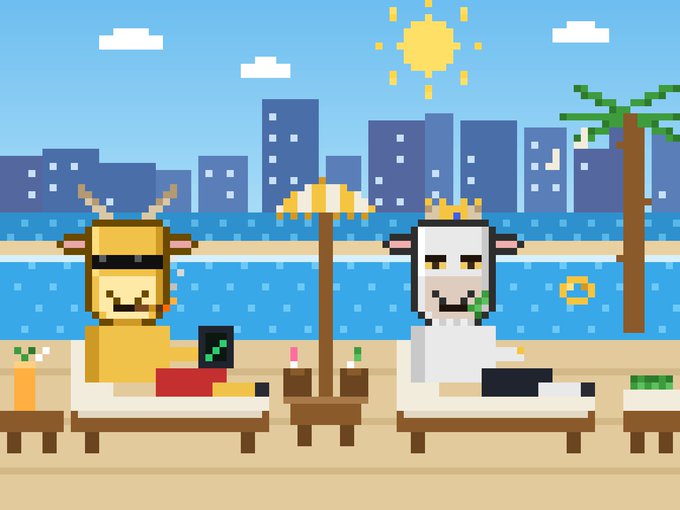Pixel art illustration of two anthropomorphic cows relaxing on lounge chairs at a beach with a city skyline in the background.