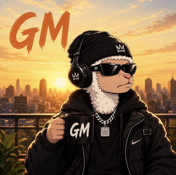 A cool alpaca wearing a beanie, headphones, and sunglasses holds a black mug against a city skyline at sunset. The image features large red graffiti-style "GM" text in the upper left and "GM" in white on the mug, aligning with the post's motivational message of starting a new day with a "GM" greeting to fellow SNOL friends.