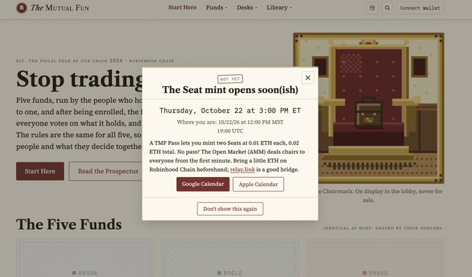 A website for 'The Mutual Fund' featuring a pixel art throne room graphic, with a popup announcing 'The Seat mint opens soon(ish)' on Thursday, October 22.