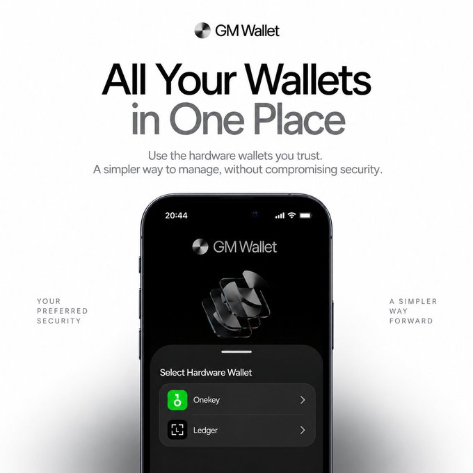 A promotional graphic for 'GM Wallet' featuring the text 'All Your Wallets in One Place' and 'Use the hardware wallets you trust. A simpler way to manage, without compromising security.' A smartphone displays the app interface for selecting hardware wallets like 'Onekey' and 'Ledger'.