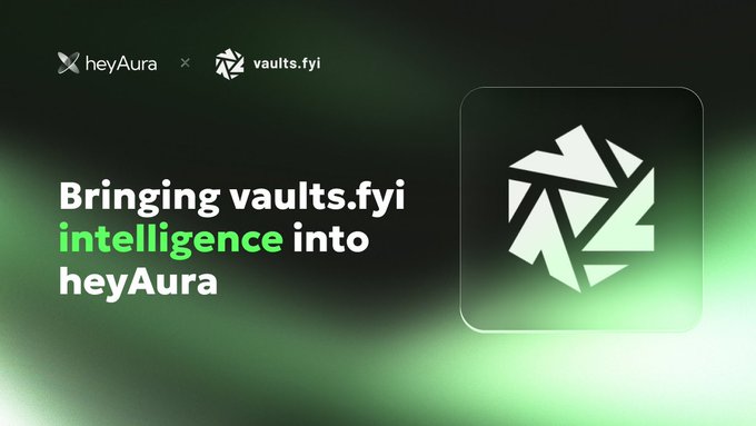 The image features a green background with white text that reads "Bringing Vaults.fyi Intelligence into Heyura". The text also includes the names of two companies, "Vault" and "Heyura", along with their logos.