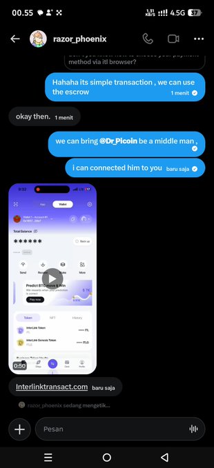 A screenshot of an Instagram DM conversation with "razor_phoenixix" discussing a transaction and introducing "Dr_P1coin" as a middleman, alongside a preview of a decentralized exchange website (interlinktransact.com) showing a BTC/USDT token. This illustrates a common crypto scam tactic where fraudsters impersonate public figures to lure victims into fake transactions or escrow schemes—exactly the type of impersonation warning the caption refers to.