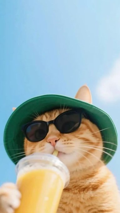 A humorous close-up of an orange tabby cat wearing a green bucket hat and black sunglasses while sipping an orange drink through a straw.